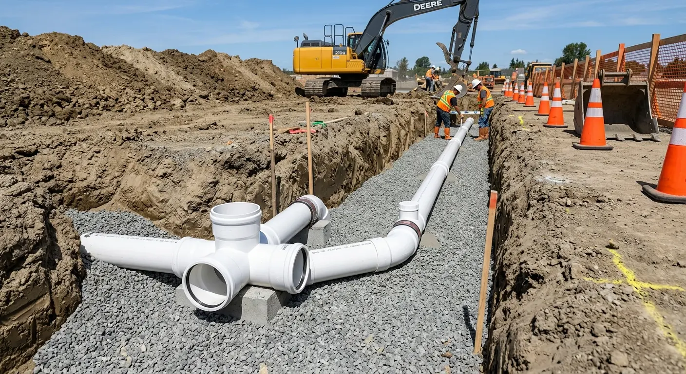 New PVC sewer pipe installation in open trench for Commercial Drain Cleaning in Breitung
