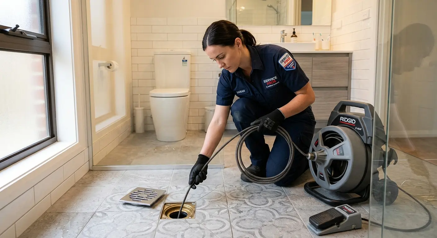 Technician clearing a bathroom floor drain for Sewer Line Installation in Breitung